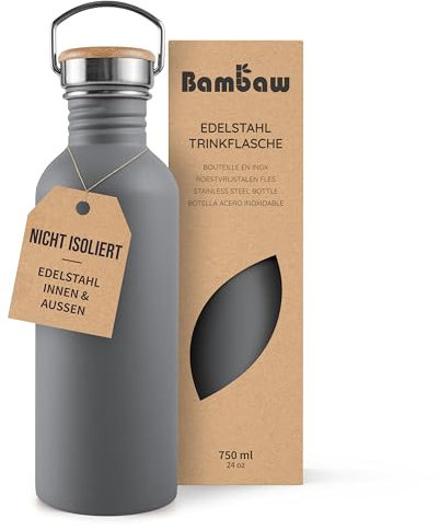 Bambaw Stainless Steel Water Bottle, 750 ml, Grey Sports, Non-Insulated, Reusable, BPA-Free Flask – Charcoal Grey