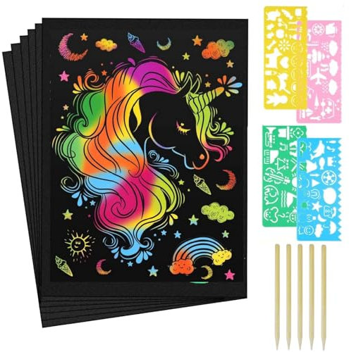 Scratch Art Paper, Kratzbilder für Kinder, Blätter Regenbogen Kratzpapier, 50PCS 13x19cm mit 5 Holzstifte 4 Malschablonen Magischer Kratzpapier Regenbogen Magie Kratz Zeichenpapier