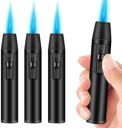 3 x Stabfeuerzeug Gas nachfüllbar, Sturmfeuerzeug Jetflamme Feuerzeug lang 11cm, Kerzenfeuerzeug Elektrisches Winddicht für Kerzen Kochen Camping Grill Kamin, Geschenke für Männer (ohne Gas)