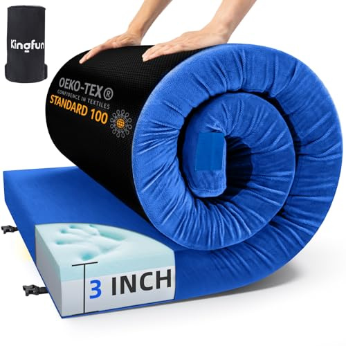 Kingfun 3 Inch CertiPUR-US Memory Foam Camping Mattress, Waterproof Roll up Sleeping Pad, Comfortable Thick Floor Sleeping Mats for Car Truck Tent with Removable Travel Bag (Twin, Blue)