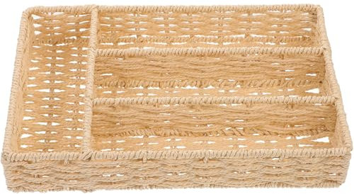 IMIKEYA Wicker Woven Cutlery Drawer Organiser Utensil Storage Basket With Compartments Divided Rattan Flatware Tray Fork Spoon Holder Kitchen Accessories