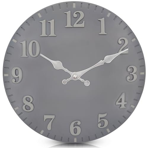 eYotto 12inch Gartenuhr Wetterfest, 30cm bemaltes Harz Outdoor wasserdichte Uhren für den Garten, stille Wanduhr Nicht tickende batteriebetriebene Außenuhr für Pool Strand Wohnzimmer dekorativ (Grau)