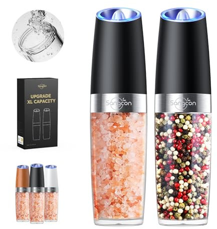 Sangcon Gravity Moulin à Sel Et à Poivre éLectrique 9 Oz Grande Capacité Alimenté Par Batterie (Non Incluse) GrossièReté RéGlable Ensemble De Shaker Et Moulin à Poivre Automatique