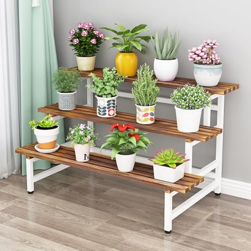 KADEUX Étagère À Plantes À 3 Étages en Bois Escalier pour Plantes, Support Plantes Autoportant, Support De Fleurs pour Terrasse Porte Plante Angle avec Structure en Métal(White Frame,80cm)