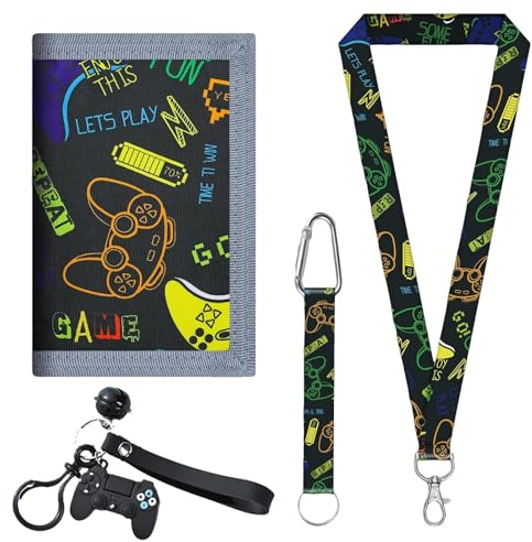 Mohito Cartera y Monedero Infantil Con Patrón de Consola de Juegos - Billetera para Niños Con Gancho de Cordón y Bolsa Transparente para Tarjeta