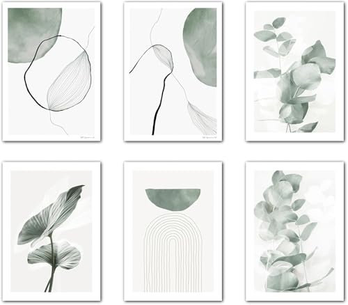 Wasise Sage Green Wall Art - Set Of 6 Room Decor Aesthetic Bedroom, Room Decor Aesthetic Bedroom, Wall Prints for Room, Pictures for Hallway, Artwork, Green Wall Art, Sage White Accessories