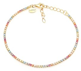 Louis Ciocchetti Since 1887 Rainbow Tennis Pulsera en plata de ley 925 con circonita cúbica 5A de 3 mm y cadena de plata chapada en oro, ajustable, elegante joyería para mujer