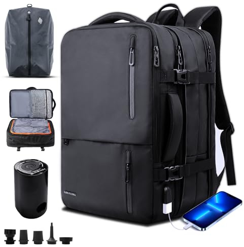 KINGSLONG Vacuum Backpack Travel Bag: Vacuum Rucksack with Pump Fit Laptop 17 Inch Computer Expandable Compression Rucksack Waterproof Carry on Large Cabin Size USB Charging For Work Business Black