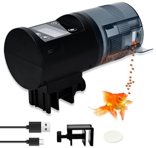 Podazz Chargeur automatique de nourriture pour aquarium, chargeur d'alimentation de poisson rechargeable USB (200 ml) avec affichage précis de l'heure, chargeur automatique de nourriture résistant à