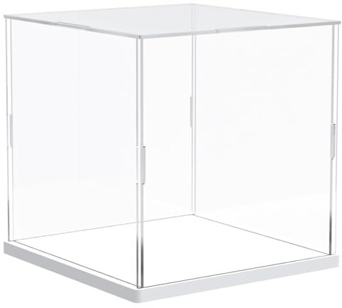 IKOPFLN Klare Acryl Vitrine mit weißem Sockel, 15x15x15 cm, Würfel klar Selbstmontage Acryl Box staubdicht Schutz Vitrine für Action Figuren Sammlerstücke Spielzeug
