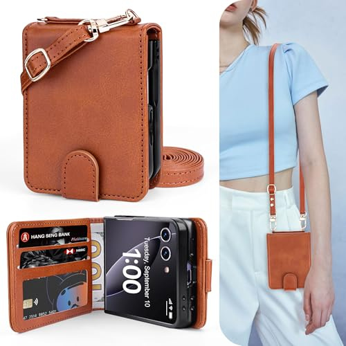 OCASE Étui Portefeuille pour Samsung Galaxy Z Flip 7, 3 Compartiments Cartes, 2 Lanière Amovibles Réglables, Protection RFID Housse, Flip PU Cuir Coque pour Galaxy Z Flip 7, Brun