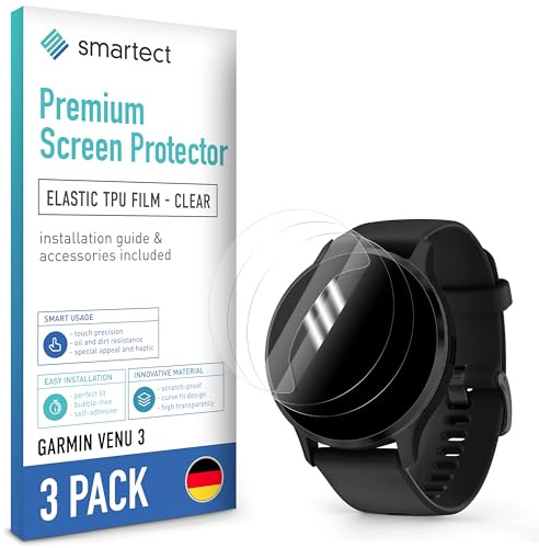 smartect TPU Skärmskydd 3 Stycken för Garmin Venu 3 | Screen Protector Anti-Repor, Skyddsfilm Ultra-transparent, Bubbelfri, Anti-Fingeravtryck, Skalvänlig