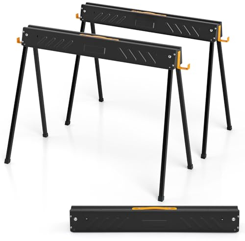 COSTWAY Folding Saw Horse Twin Pack, Heavy Duty Work Bench with 2 x 4 Support Arms & Carry Handle, Fully Assembled Trestle Stands Sawhorse, Max Load 454kg/1000kg (1000kg, Black, Metal, 94x47x74cm)