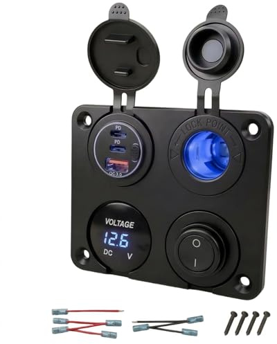 Intckwan Enchufe USB-C 4 en 1 12V con Toma de Cigarrillo 150W, Cargador de Tres Puertos (Máx. 75W), Voltímetro LED Azul e Interruptor de Palanca Impermeable para Coche, Barco, Autocaravana