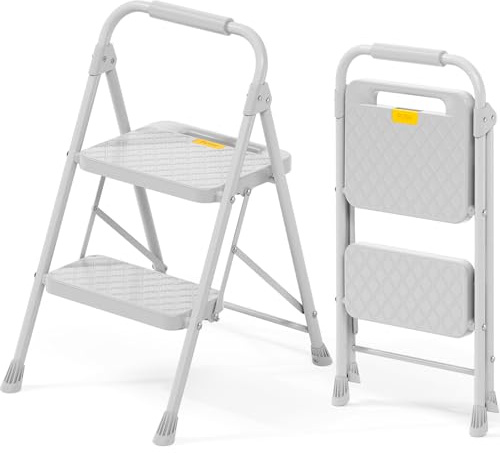 KINGRACK Escalera de 2 peldaños Plegable de Acero, Bloqueo de Seguridad, peldaños Anchos Antideslizantes, Capacidad 150 kg, Ligera y portátil con pasamanos para hogar, Cocina y Garaje