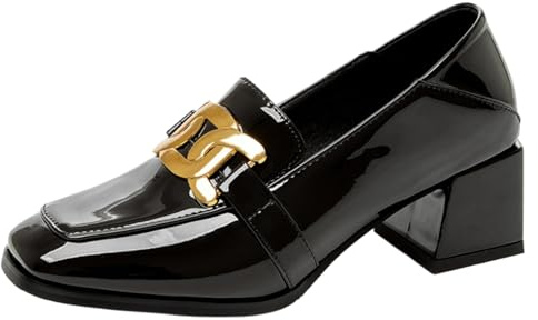 CHICMARK Ballerines avec pointe carrée - Talon bloc de 5 cm et décor en métal - Aspect cuir verni pour femme - Confortable pour le bureau et la vie quotidienne, Noir , 47 EU