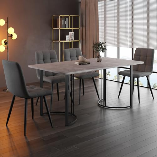 YAIXBNG matgrupp (5 delar), matbord med 4 stolar, modernt köksbordsset, 140 × 80 cm köksbord med svarta metallben, MDF-bordsskiva i grått, mörkgrått linne matstolar