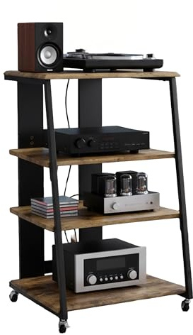 Relaxdays HiFi Rack, 4 Ripiani per Giradischi, in Ferro e MDF, 78x61x52 cm, multimediale Industriale, Marrone/Nero