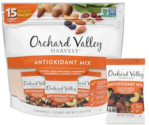 Orchard Valley Harvest Antioxidant Mix, 1 Ounce Bags (Pack of 15), Almonds, Cranberries, Blueberries, Cashews, and Pepitas, Non-GMO, No Artificial Ingredients, Healthy Snacks for Adults