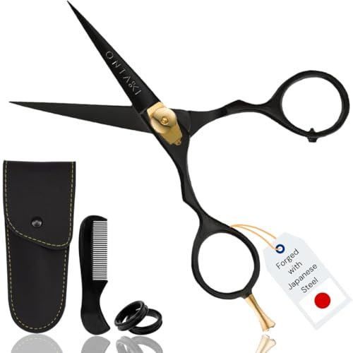 ONTAKI Premium Hand Forged Japanese Steel Hair Beard Mustache Scissors Cut Trim Groom Facial Hair Bangs (5.0 Black)