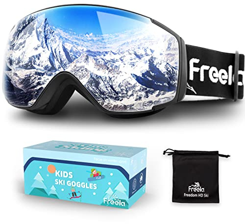 Freela Ski Goggles Snowboard Snow Skiing Snowboarding Equipment Winter Snow Sport Glasses Goggles Anti-fog UV Protection Mirror Clear Goggles for Toddler Kids Girl Boy Youth Snowmobile Snowboard Gear