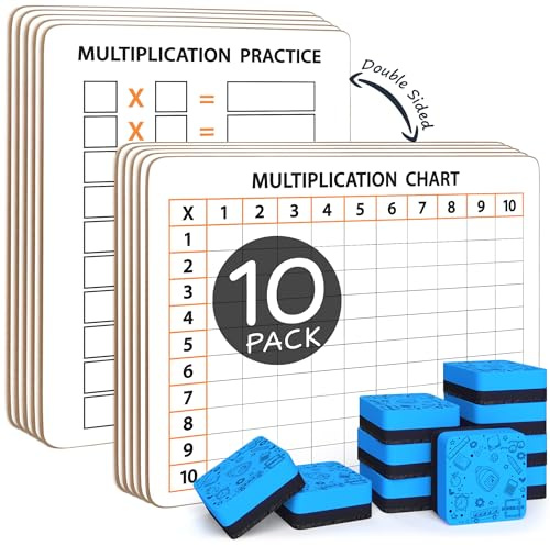 SCRIBBLEDO 10 Pack Dry Erase Multiplication Chart White Board 9 x 12 Multiplication Table l Double Sided Times Table Math Manipulatives Whiteboard for Kids Students Classroom 10 Erasers Included