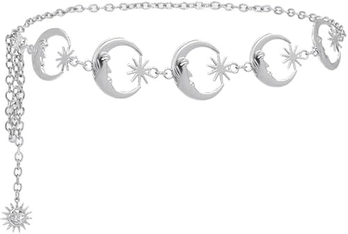 HSAJS Cadena Cinturón Metálica Luna Estrella Celestial Ajustable Decorativa Elegante Plateada Mujer Accesorios moda Cintura