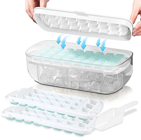 Ice Cube Tray with Lid, Food-Grade Ice Cube Moulds, Release All Ice Cubes in One Second, Reusable 48 Ice Cube Tray(White)