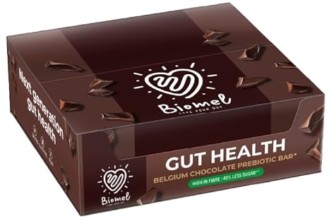 Biomel Prebiotic Gut Health Bars - Natural Ingredients - High Fibre - 45% Less Sugar - 12 Bars (Belgian Chocolate)
