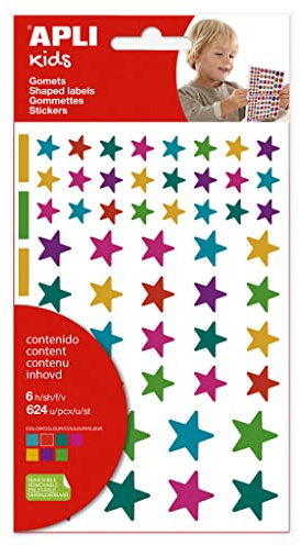 APLI Kids 19453 - Pegatinas Estrellas multicolor, 6 hojas de gomets en forma de estrellas,en colores y tamaños surtidos, stickers con adhesivo removible