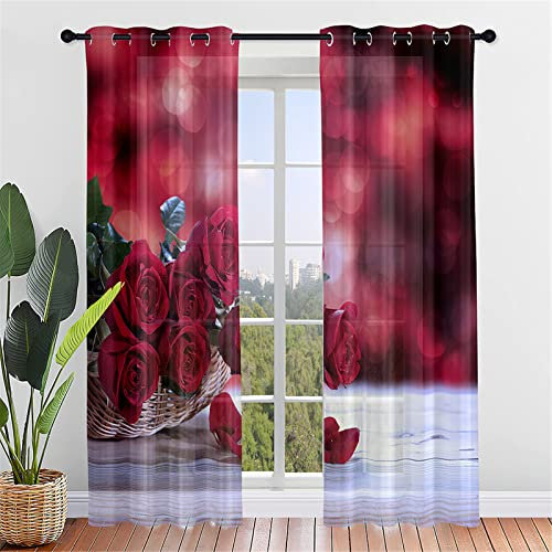 Hiseng Schiebegardinen Voile Vorhang Gardinen 2er Set, Rose Blume Druck Sheer Schiebevorhänge Lichtdurchlässig Flächenvorhänge für Wohnzimmer Schlafzimmer Fensterschal (132x213cm,Rote Rose)