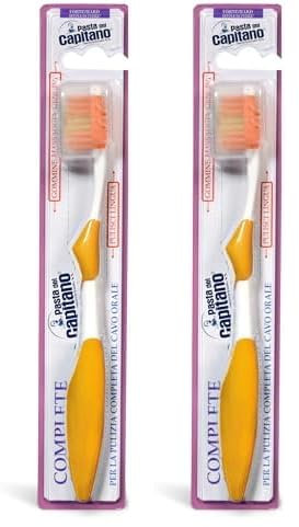 Pasta del Capitano, Brosse à dents Complete avec des poils Durs, Garantit un nettoyage en profondeur de la Cavité Buccale, Équipée d'un gratte-langue pour éliminer la Plaque Bactérienne (Lot de 2)