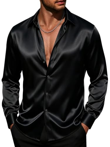 J.VER Chemise à manches longues en satin de soie pour homme - Style décontracté et brillant, noir, Taille XL