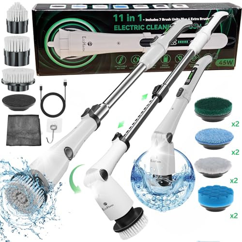 Brosse électrique rotative pour salle de bain – Brosse de douche sans fil avec 3 vitesses réglables, long manche, 11 têtes de brosse remplaçables – Nettoyant pour carrelage, joints, baignoire et sol