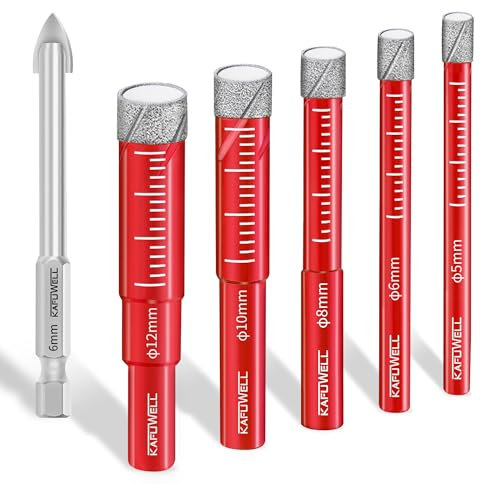 KAFUWELL 6pcs Brocas para Porcelanico, Brocas Diamante con Vástago (5, 6, 8, 10, 12 mm) con 6mm Broca de Carburo, para Azulejo Cerámica, Cuarzo, Vidrio, Granito, Ladrillo, Mármol, Porcelana, Gres fino