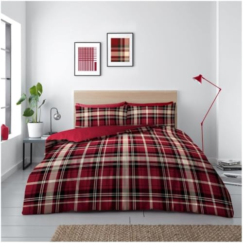 GC GAVENO CAVAILIA Tartan Check Duvet Cover Set, Red, 230Cm x 220Cm | Breathable Microfiber Checkered Bedding Sets With Pillow Cases | Printed Reversible Quilt Covers Set (230 Cm x 220 Cm)