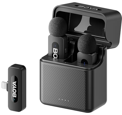 BOYA BY-V3 Microfono lavalier wireless per iPhone, portata 100m, 2 mini microfoni a bavero per registrazione video, Vlog, YouTube, TikTok Live Streaming