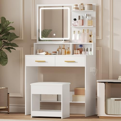 Hzuaneri Coiffeuse avec Tabouret, Coiffeuse avec Lumières LED Ajustables, 2 Prises AC et 2 Ports USB, 2 Tiroirs, Rangements Ouverts, pour Chambre à Coucher, Dressing, Blanc DT32903X