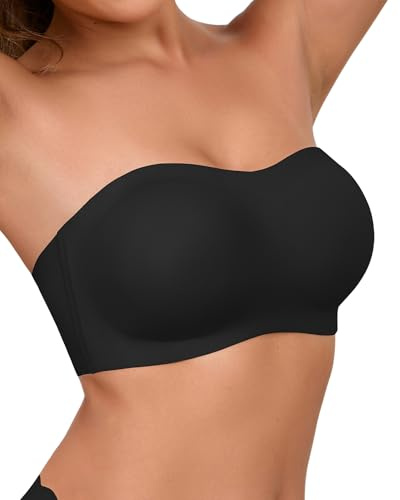 SHARICCA Axelbandslös push-up bh för kvinnor, bygelfri, halkfri silikon, sömlös, avtagbar axelbandslös bh