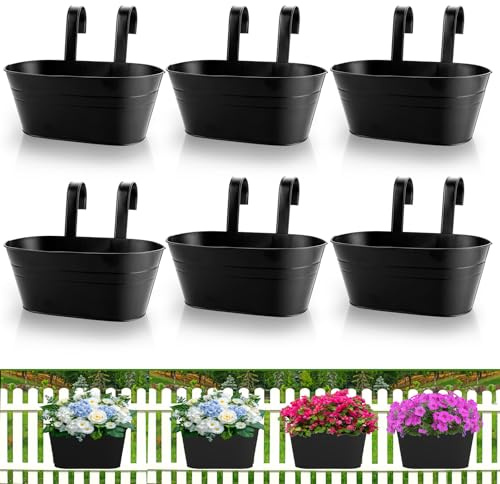 APACALI 6 macetas colgantes de metal, 28 cm, macetas para colgar, con gancho extraíble para balcón, valla, jardín, color negro