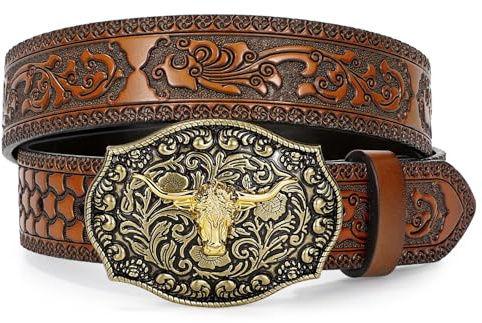 WERFORU Ceinture Cowboy en Cuir pour Hommes - Ceinture Western Homme Avec Boucle Taureau et Gravure Florale pour Jeans