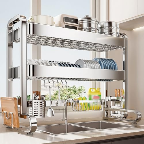 DTUcacochymic Diskställ för diskbänk, 304 rostfritt stål, 2 nivåer, med sil för kök och glas (66 cm/25,9 tum).