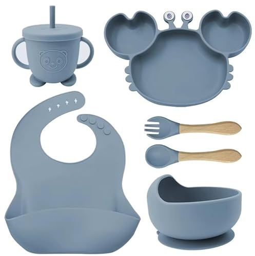 Eliano 6-delat silikonbabyset med krabbtallrik – halkfri babysele med sugkopp, mugg med sugrör, sked, gaffel och haklapp – BPA-fri, diskmaskinssäker – från 6 månader