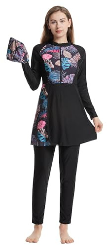 Costume da bagno da donna Burkini Modest, a copertura completa, a maniche lunghe, con pantaloni e tankini Hijab, estivo, con giunzioni, Nero , XL