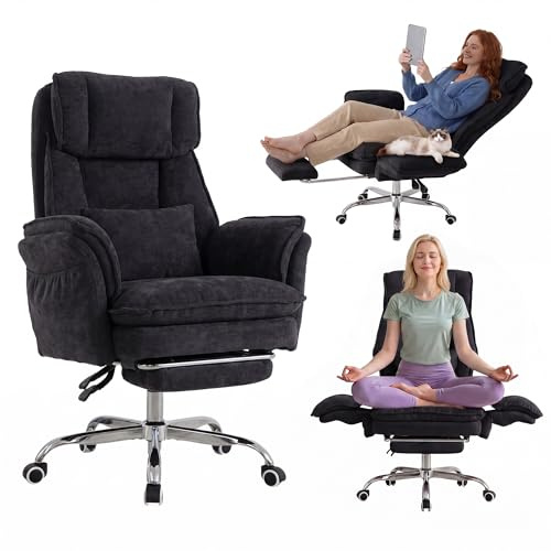 UEV Bekväm och husdjursvänlig kontorsstol, med vändbara armstöd, ergonomisk, lutbar 90 till 150° och justerbar höjd, 70 x 76 x 109–117 cm, svart