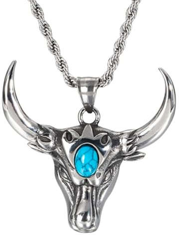 keigtuxh Collar vintage con colgante de cabeza de toro de acero inoxidable turquesa para hombre