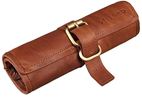 STILORD 'Felix' Stifteetui Leder Vintage groß Federmäppchen Lederetui rund Federmappe Federtasche Tasche, Farbe:Cognac - Hellbraun