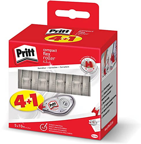 Pritt Korrekturroller Compact Flex, sofort überschreibbar, einfache Anwendung durch flexible Spitze, Bandlänge 10 m, Bandbreite 4,2 mm, 5-er Pack Spar-Set, 2382016, Weiß