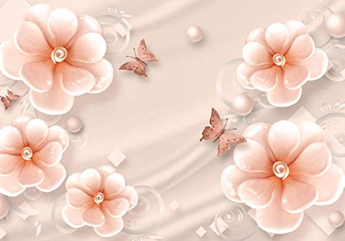 wandmotiv24 Fototapete Orange Blumen Schmetterlinge Seide Perle, XS 150 x 105cm - 3 Teile, Wanddeko, Wandbild, Wandtapete, Vlies-Tapeten, Quadrate Ornamenten Kugeln Seidentuch M5232