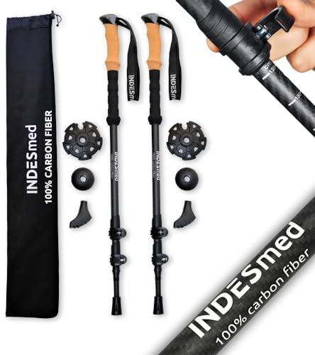 INDESmed – Faltbare Wanderstöcke 100 % Carbon – Teleskop Trekkingstöcke verstellbar, Ultraleicht mit Schnellverschluss | Outdoor Zubehör für Trekking & Nordic Walking (Schwarz)